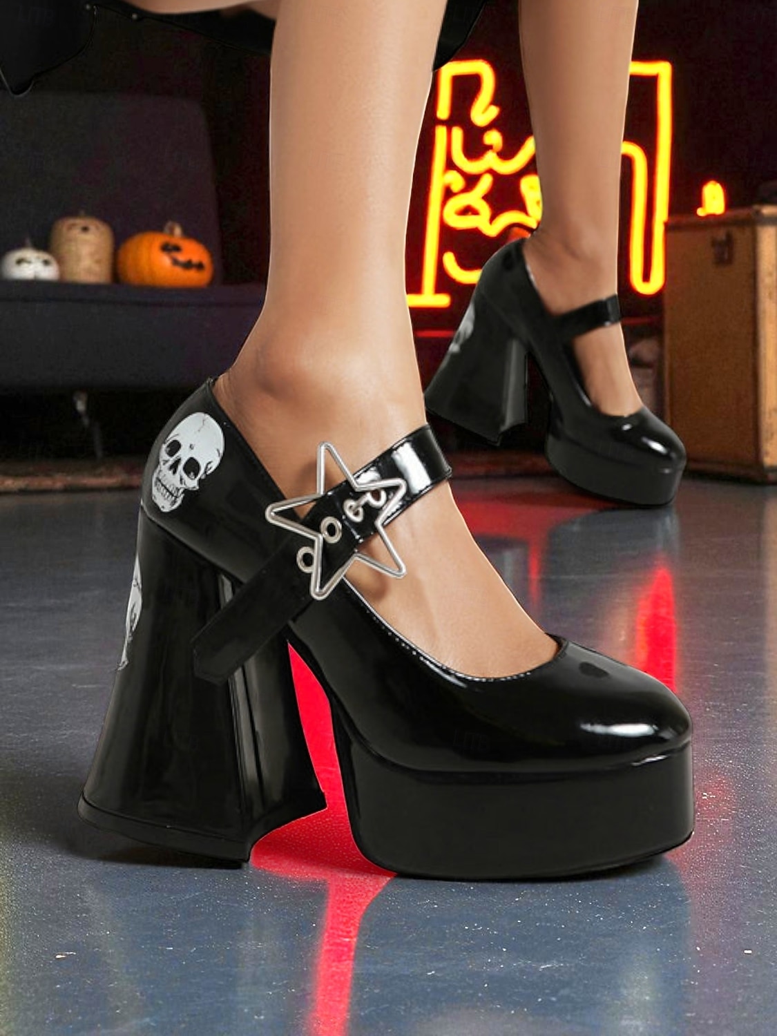 Γυναικεία μαύρα τακούνια πλατφόρμας Mary Jane με τύπωμα νεκροκεφαλής και αγκράφα με αστέρι – γοτθικά παπούτσια για το Halloween για πανκ μόδα, cosplay και θεματικές εκδηλώσεις 2025 - $64.99 –P4