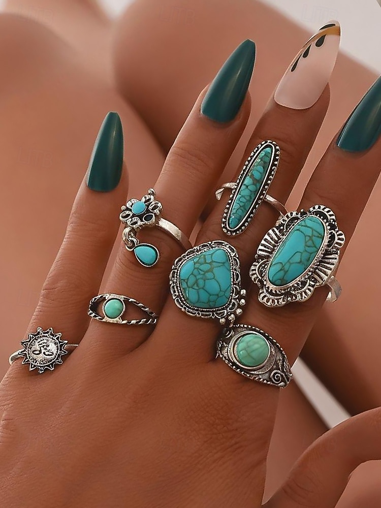 Women's Turquoise Ring Set - Multi-Piece Set of Vintage Bohemian Alloy Jewelry for Women's Holidays, Beach Vacations and Everyday Wear 2025 - $8.39 –P5