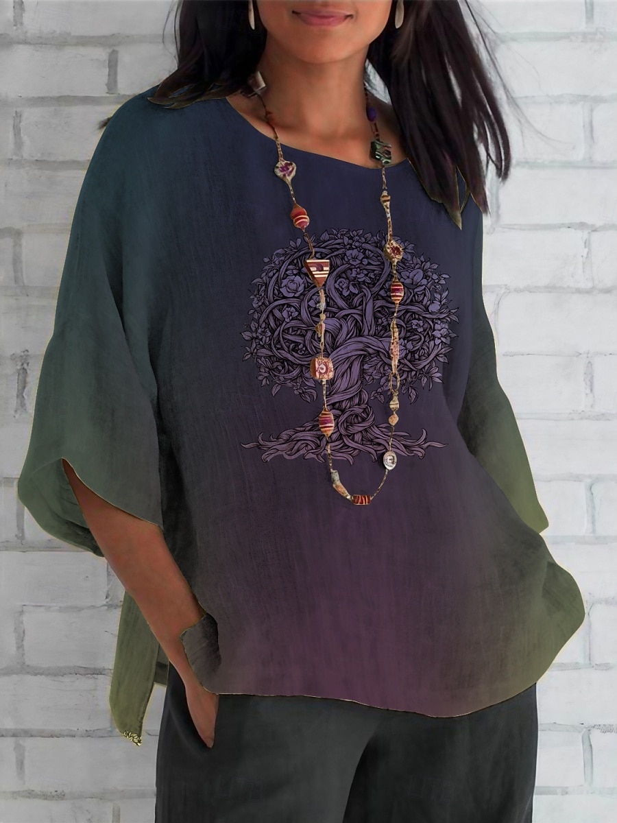 Women's Shirt Tree Color Gradient Daily Casual 3/4 Length Sleeve Crew Neck Regular Tops Daily Holiday Print White Purple Green Khaki Summer Spring Fall 2025 - $26.99 –P3