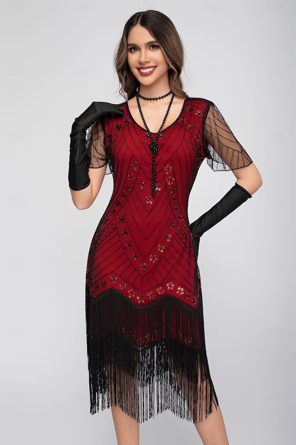 Rugido 20s 1920s Hasta la Rodilla Vestido Flapper Mangas cortas El gran Gatsby Chica de la aleta Lentejuelas Franja Funda Columna Escote en Pico Disfraz Mujer Navidad Carnaval Fiesta de Noche Boda 2026 - $46.99 –P15