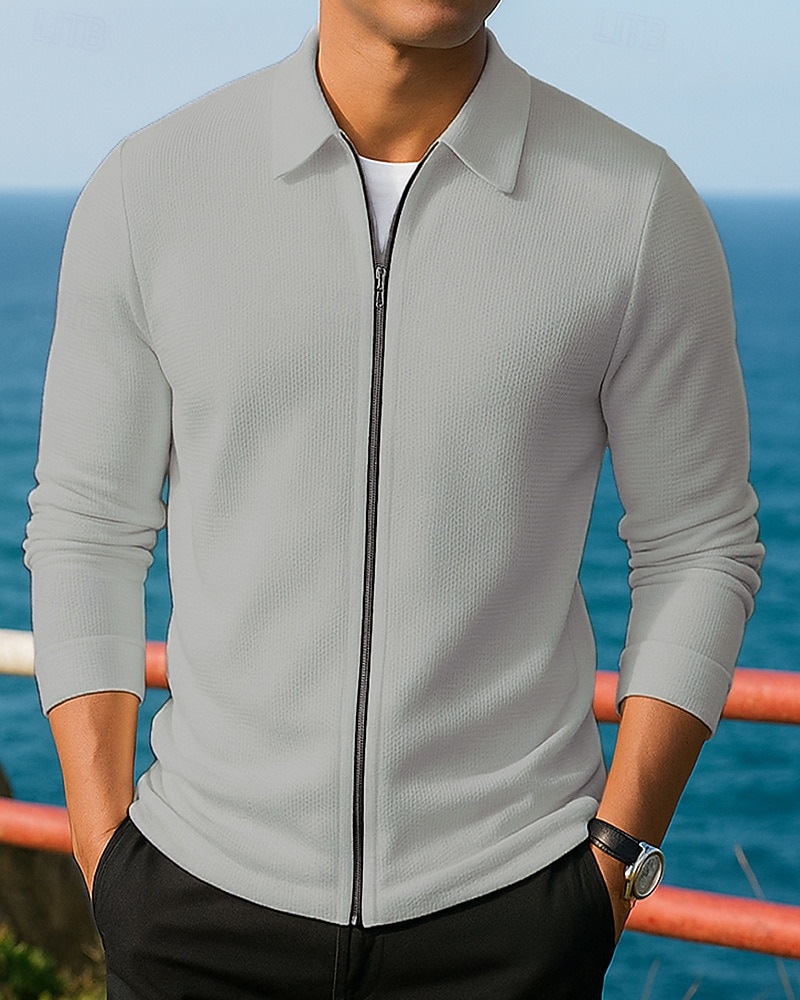 Men's Solid Colored Casual Coats Lounge Jacket Full Zip Jacket Fall / Winter Waffle Long Sleeve Athleisure Outdoor Travel Sports Blue Black White Sportswear Activewear 2026 - $24.99 –P6