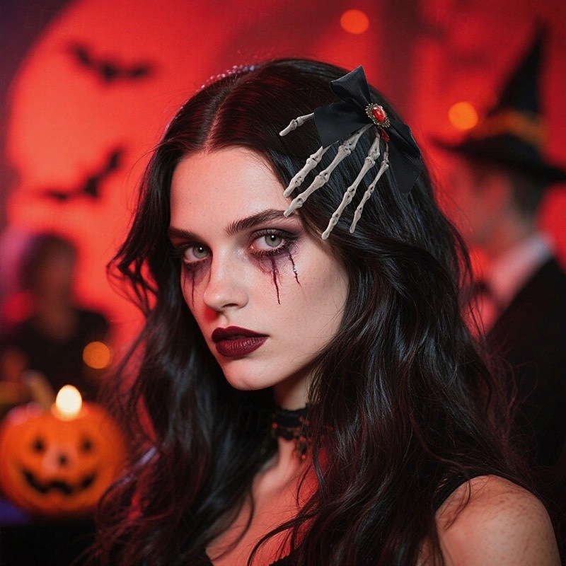 Dámská černá sponka do vlasů s mašlí v gotickém stylu s detailem kostlivé ruky, ideální na halloweenskou párty. 2025 - $14.99 –P2