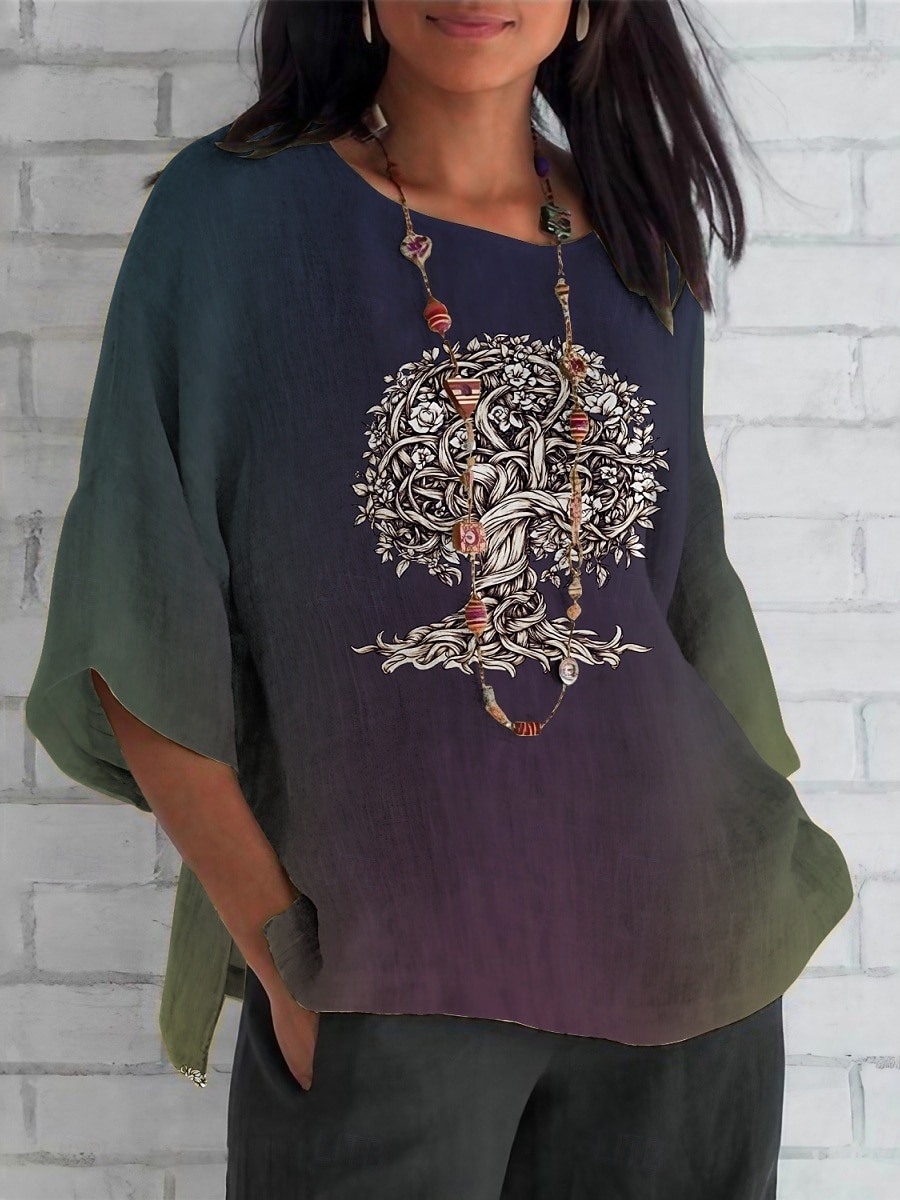 Women's Shirt Tree Color Gradient Daily Casual 3/4 Length Sleeve Crew Neck Regular Tops Daily Holiday Print White Purple Green Khaki Summer Spring Fall 2025 - $26.99 –P4