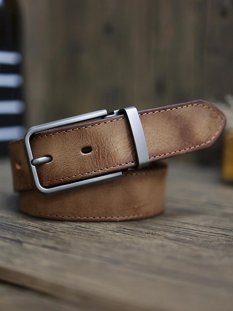 Мужской ремень из натуральной коровьей кожи – винтажный коричневый ремешок с пряжкой из матового сплава, регулируемый для джинсов, работы, деловой и повседневной одежды 2026 - $29.99 –P6