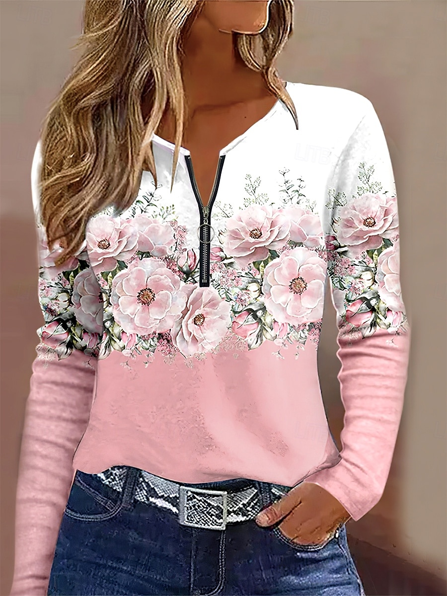 Femmes T-shirt A Ombre Fleuri Graphique Élégant ancien Classique manche longue Col rond Encolure en V Hauts Réguliers Quotidien Week-end Fermeture éclair Imprimé Rose Claire Bleu Ciel Violet de 2025 ? $23.99 –P1