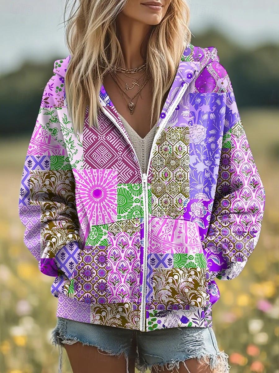 Kvinners 3D Print Zip Up Hetter Blomster Grafisk Motemessig Kledelig Langermet Hetter Vanlige Topper Gate Hverdagsklær Patchwork Glidelås Lomme Gul Rosa Blå Lilla Grønn Vår Høst 2025 - $26.99 –P4
