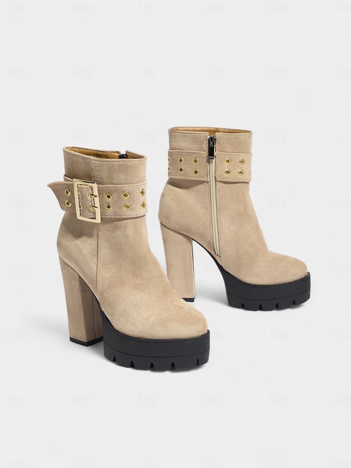 bota feminina plataforma de camurça preta com salto grosso e fivela dourada &fecho de zíper - festa ousada &calçados de concerto para looks de outono e inverno de 2025 por $59.99 –P4