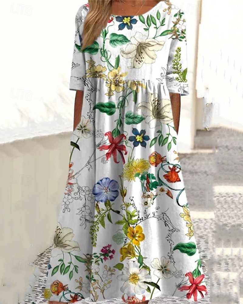 Femmes Robe Midi Robe Décontractée Robe d'été Mode Moderne Quotidien Plage Week-end Coupe régulière Fleur Manche Courte Col ras du cou Bleu Blanche Été Printemps de 2026 ? $22.99 –P2