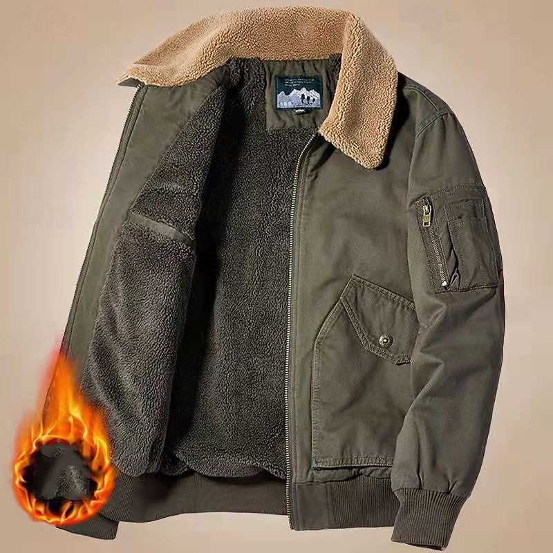 Men's Winter Jacket Bomber Jacket Fleece Jacket Vacation Daily Thermal Warm Pocket Fleece Winter Plain Fashion Streetwear Lapel Regular Black Khaki Army Green Jacket 2026 - $57.99 –P3