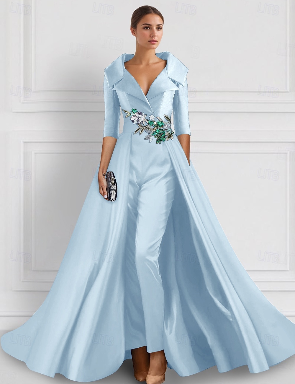 A-linjeformad aftonklänning Elegant overskirt jumpsuit klänning formell bröllop blomster golvlängd halvlång ärm skjortkrage satin med slits broderi applikationer 2025 - $159.99 –P4