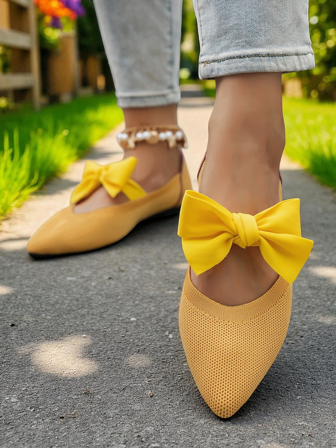 női sárga flyknit lapos talpú cipő masnival – légáteresztő, könnyű, hegyes orrú cipő mindennapi viseletre és piknikezésre 2025 - $24.99 –P1