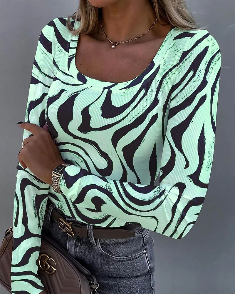 Tricou de femei cu mânecă lungă cu guler pătrat grafic texturat casual tunică abstract zebra vintage stilat regulat tops zilnice imprimeu albastru mov verde khaki primăvară toamnă 2026 - $26.99 –P5