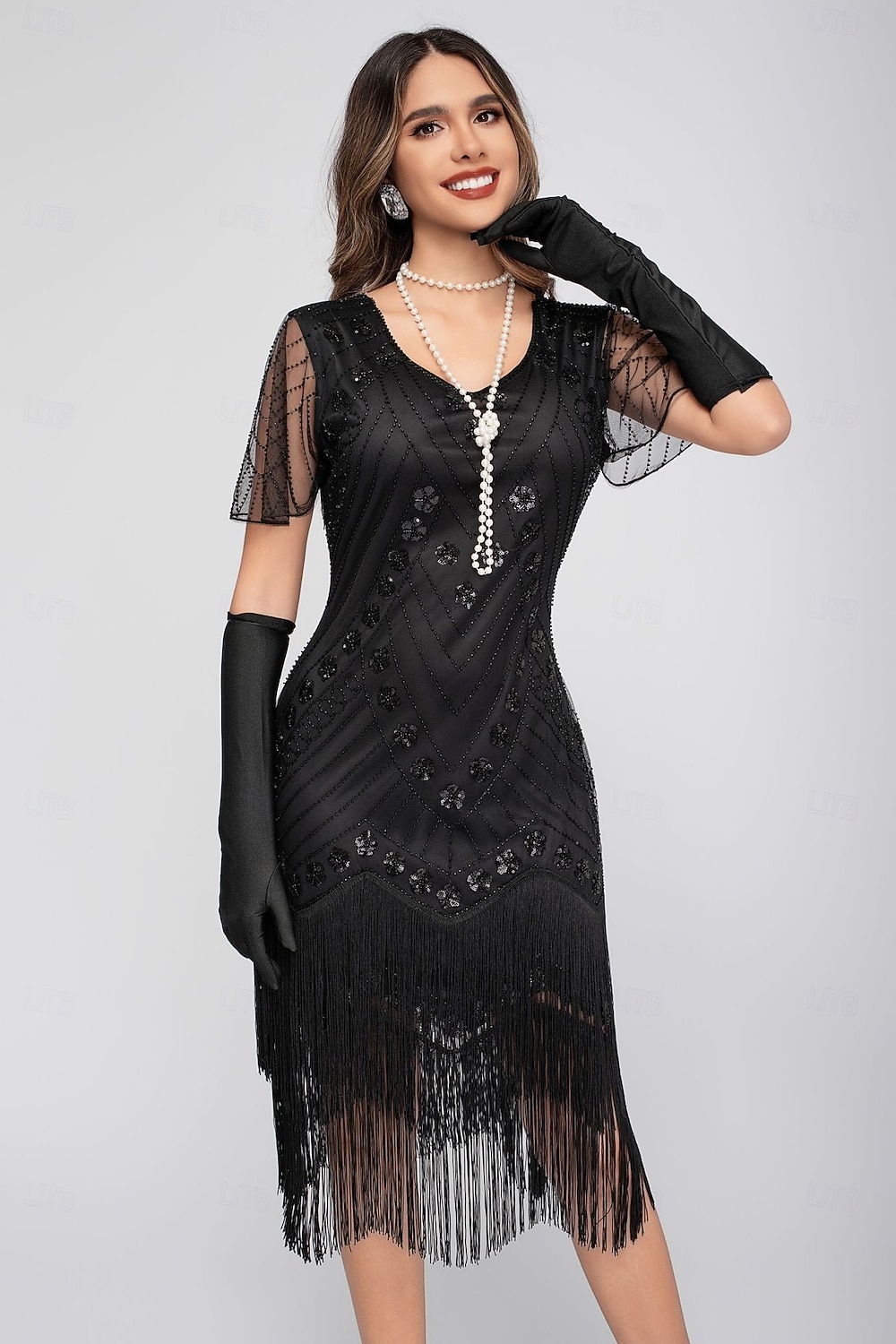 Rugido 20s 1920s Hasta la Rodilla Vestido Flapper Mangas cortas El gran Gatsby Chica de la aleta Lentejuelas Franja Funda Columna Escote en Pico Disfraz Mujer Navidad Carnaval Fiesta de Noche Boda 2026 - $46.99 –P2