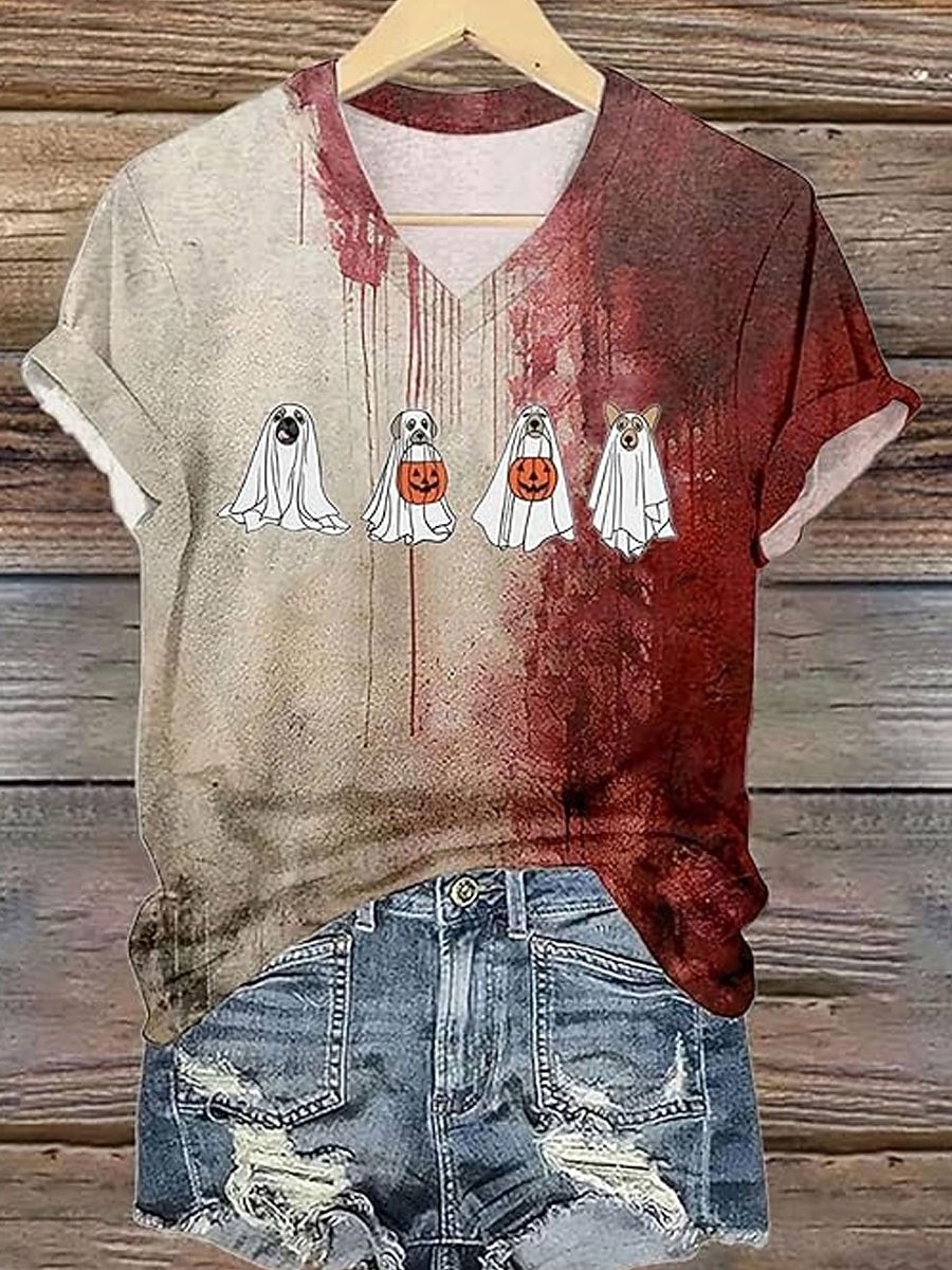 Halloween Per donna Maglietta Grafico Fantasma Vintage Elegante Classico Manica Corta Scollo a V Top Regolari Quotidiano Stampato Rosso Verde Estate Primavera del 2025 a $22.99 –P2