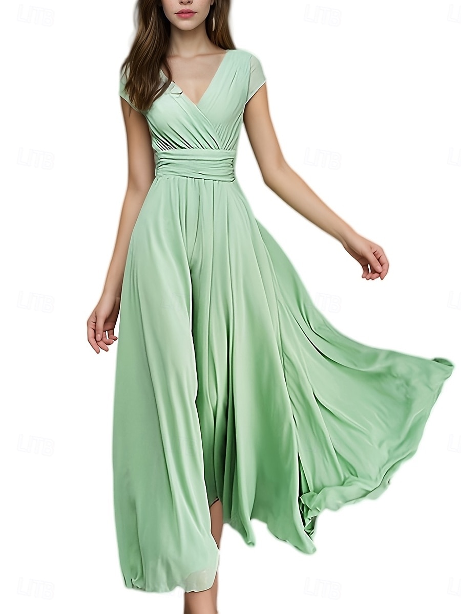 Women's Maxi long Dress Boho Wedding Guest Dress Elegant Stylish Regular Fit Plain Short Sleeve V Neck Black White Yellow Light Green Summer Spring 2025 - $26.99 –P11