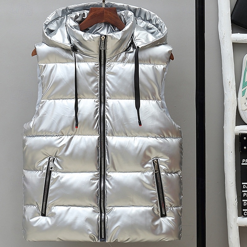 Per uomo Gilet imbottito Gilet Vacanza Quotidiano Data Moda Casual Autunno & Inverno Tasca Nylon Caldo Confortevole Tinta unica Cerniera Con Cappuccio Vestibilità regolare Argento Nero Rosso Argento del 2026 a $34.99 –P1