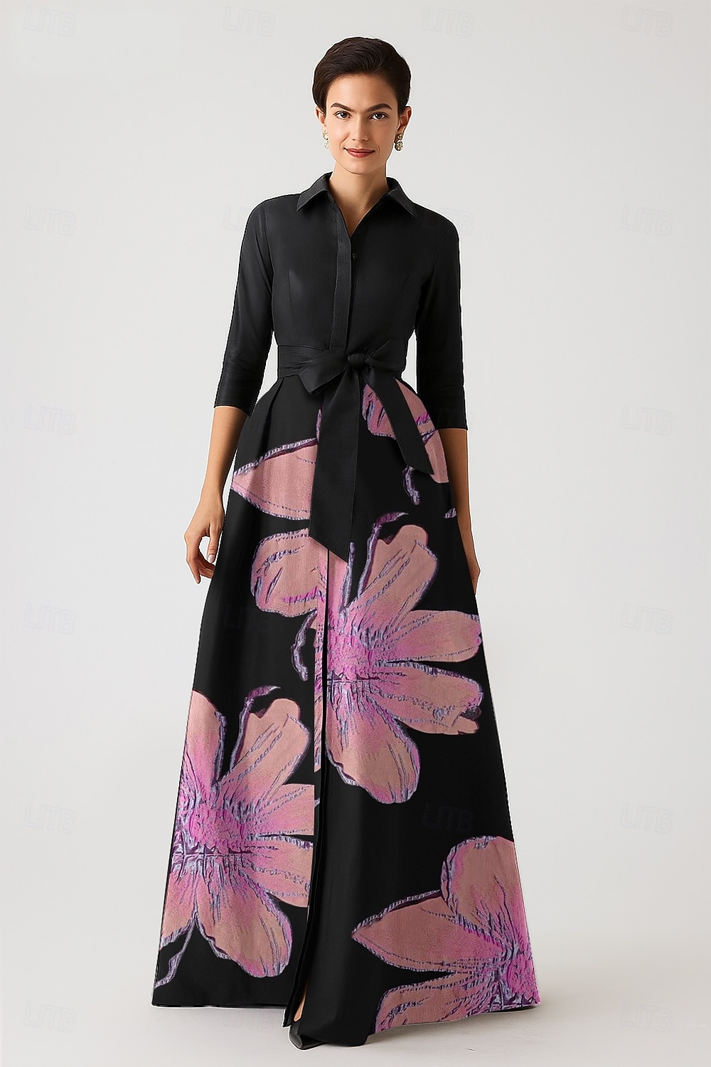 2025年 ブルーピンクAラインイブニングガウンエレガントドレスフォーマルウェディングフロアレングス半袖シャツカラーポケットナイロン花柄印刷リボン付き  コレクション – $169.99 –P3