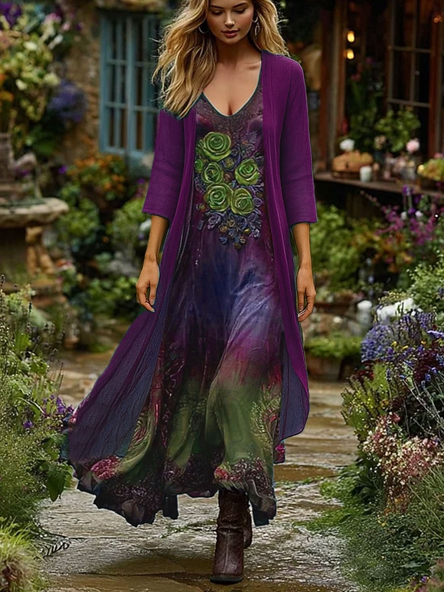 Femmes Robe Ensemble Robe Maxi Robe trapèze Vacances Boho Fleuri Graphique Superposé Imprimé Robe maxi Manche 3/4 Col en V Extérieur Quotidien Bleu Violet Vert Printemps Automne Coupe régulière de 2025 ? $51.99 –P2