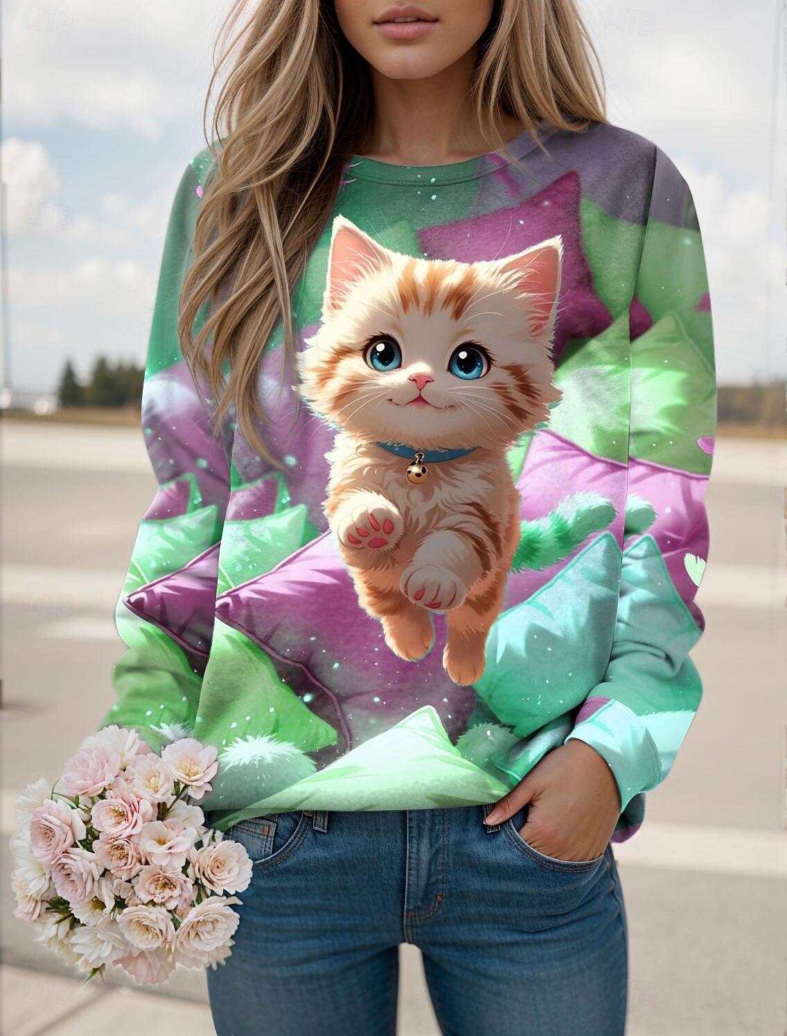 Damen Pullover Sweatshirt Druck Grafik Tiermotiv Katze Lässig Langarm Rundhalsausschnitt Normale Oberteile Lässig Straße Ferien Blau Rosa Purpur Grün Frühling Herbst Winter 2026 - ₪98 –P4