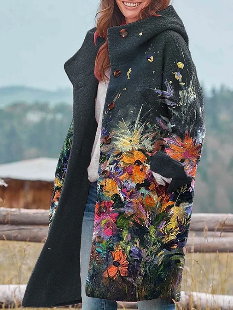 Dame Vinterjakke Fleece-jakke Frakk Hold Varm Pustende Lomme Knapper Trykt mønster Aktiv Daglig Fritid Blomstret Feriereise Gate Daglig Enkeltkneppet Lang Hettegenser Normal Langermet Yttertøy Svart 2025 - $46.99 –P3