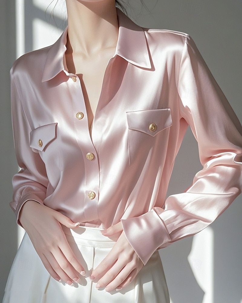 Femmes Chemise Chemisier Uni Actif Élégant manche longue Col de chemise Hauts Réguliers Travail Sortir Avec Poches Boutons Rose Claire Automne de 2025 ? $38.99 –P1