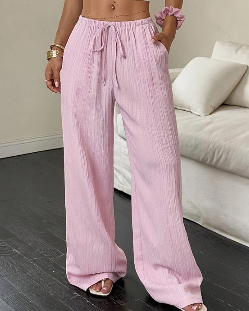 Dam Brett skaft Byxor Palazzo byxor Mode Streetwear Fullängd Hög midja Slät Elastisk midja Mateial som andas Bekväm Gata Dagliga kläder Utekväll Svart Vit Rodnande Rosa Kaki Sommar Vår Normal 2025 - $20.99 –P9