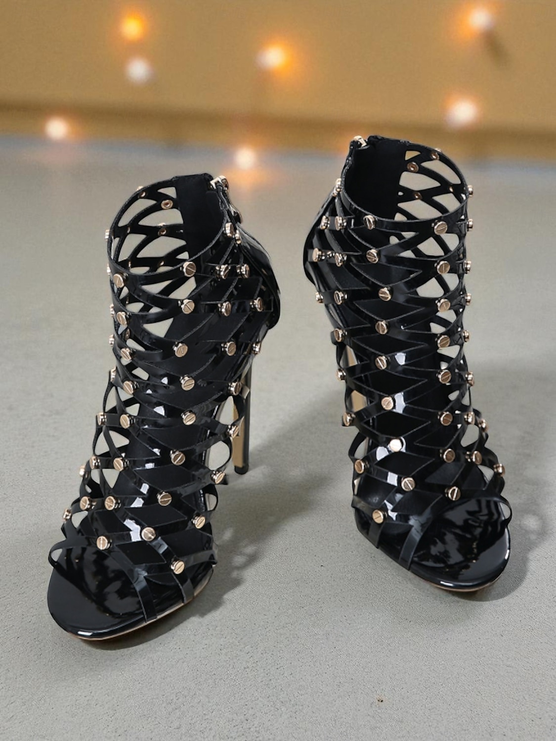 naisten mustat gladiaattorisandaalit, korkokengät, peep toe -stilettokengät, joissa on niitit yöelämään ja iltapukuihin 2025 - $42.99 –P2