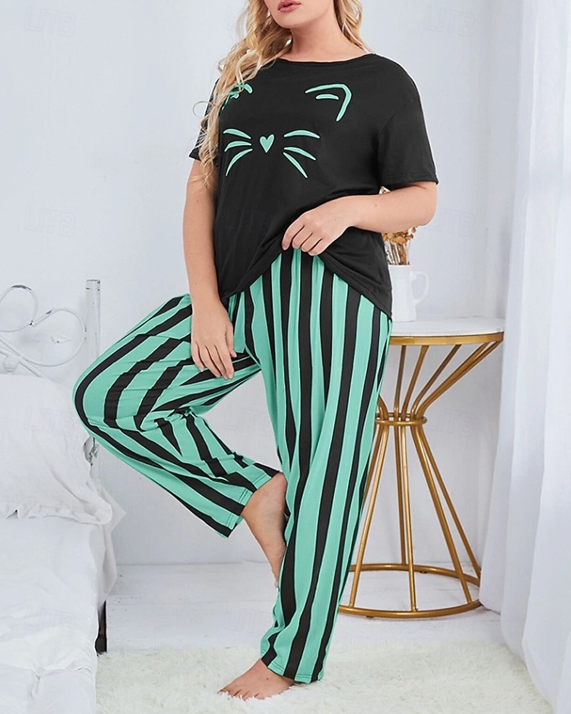 Per donna Attivo Blusa Set di Pantaloni Manica Corta Girocollo Gatto A righe Stampato Vacanza Casual Quotidiano Nero Giallo Rosa Autunno Vestibilità regolare del 2025 a $18.99 –P6