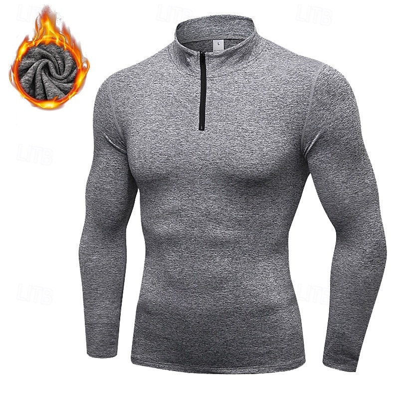 Men's Compression Shirt Fleece Base Layer Workout Tops Long Sleeve Top Athleisure Solid Colored Quick Dry Warm Gym Basketball Athletic Sportswear Activewear Black Blue Light Grey 2025 - $23.99 –P5