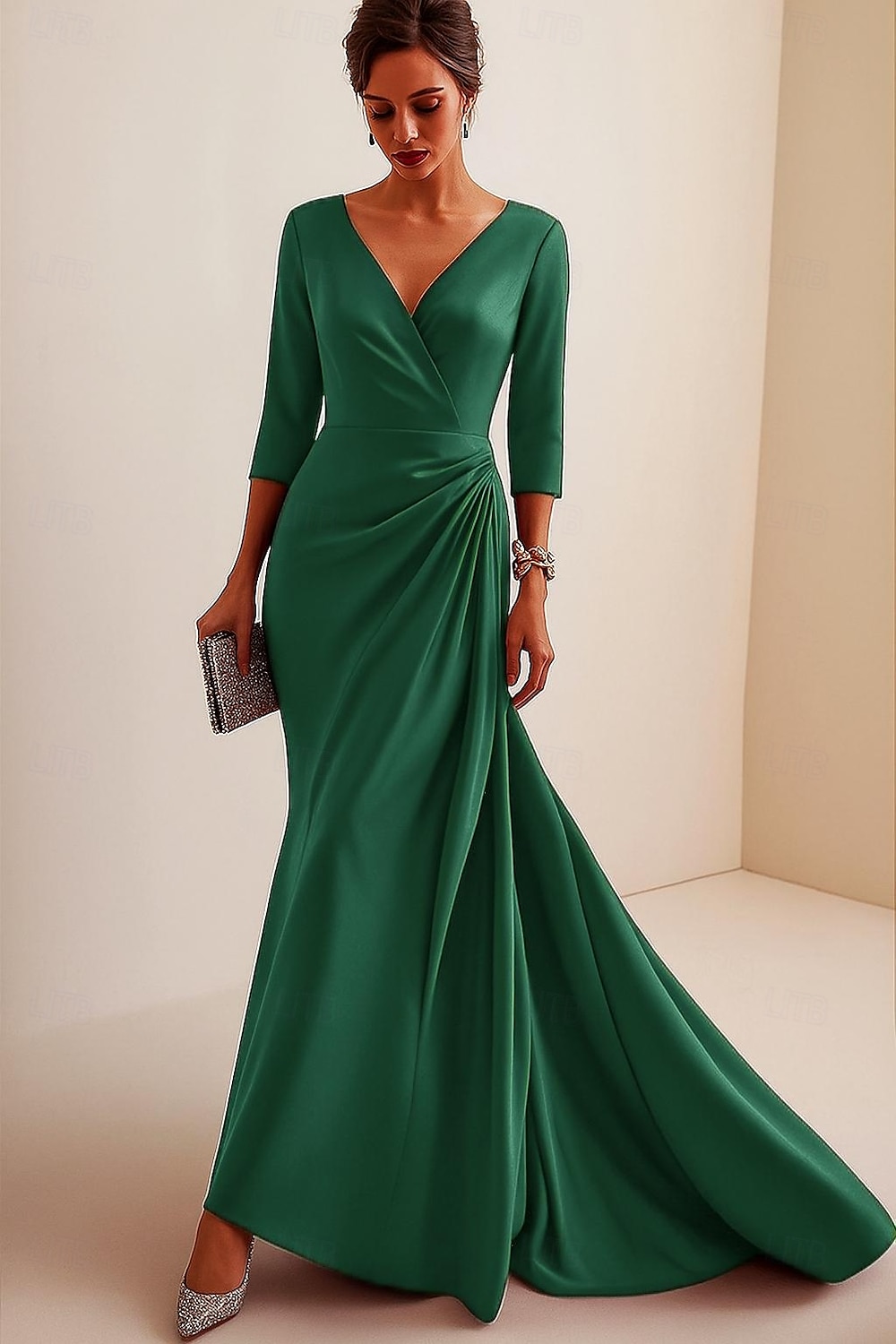 Sirena / Tromba Tubino / Colonna Abito da Sera Elegante Vestito Formale Matrimonio Lunghezza al pavimento Manica 3/4 Scollo a V Raso Schiena a V con Volant 2025 del 2025 a $139.99 –P4