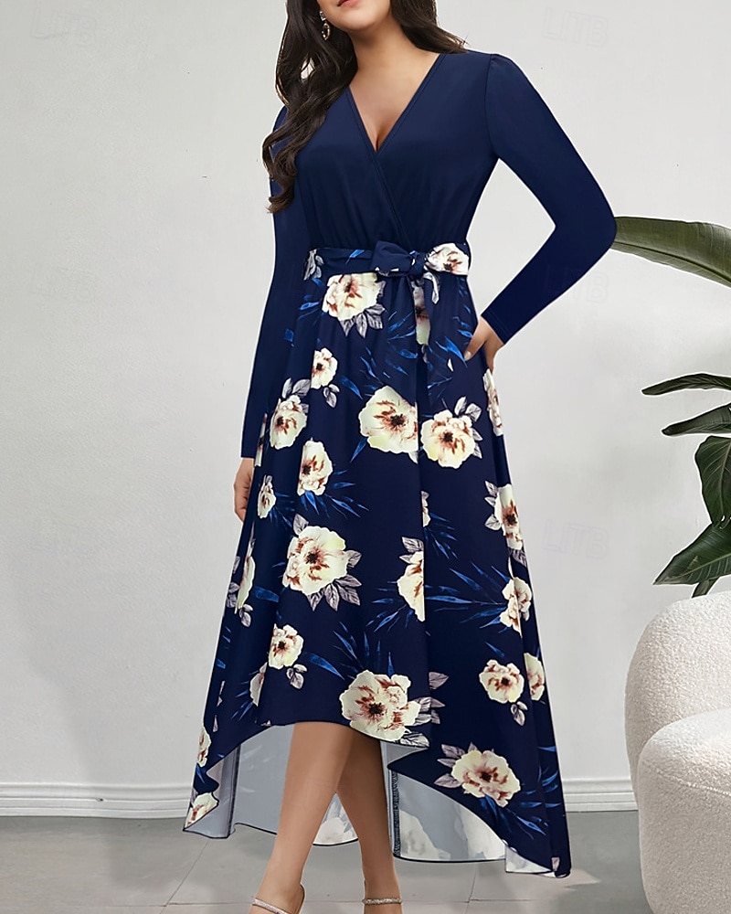 Femmes Robe Longue Maxi Robe Robe Imprimée Mode Extérieur Vacances Fête Coupe régulière Fleur manche longue Col en V Bleu Automne de 2025 ? $25.99 –P2