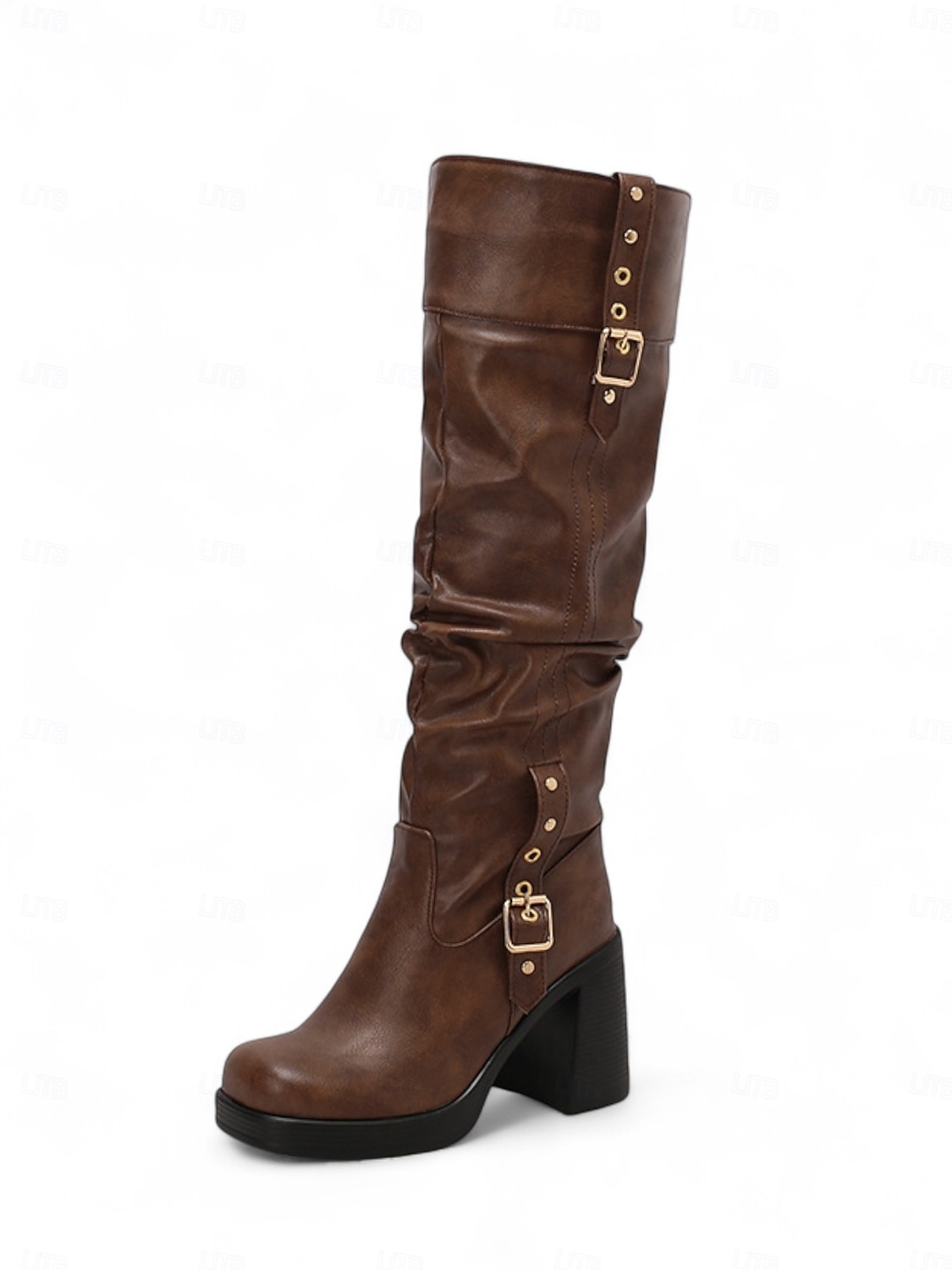 Bottes hautes en similicuir noir pour femme avec brides à boucle et talons carrés - Bottes tendance automne-hiver pour un usage quotidien, un style urbain et des tenues décontractées de 2025 ? $69.99 –P7