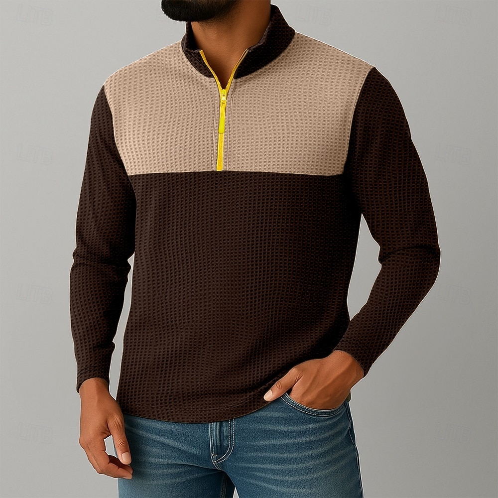 Herren Waffelhemd T Shirt Halb-Zip-Shirt T-Shirt Langarm Viertelreißverschluss Herbst Frühling & Herbst Farbblock Texture Mode Designer Basic Patchwork Farbblock Urlaub Straße Lässig Schwarz Koffee 2025 - $17.99 –P2