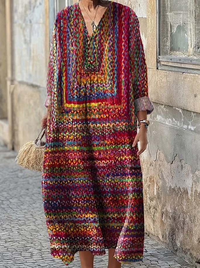Femmes Robe Midi Robe d'Été Robe trapèze Vacances Occasionnel Boho Soirée Fête Plage Coupe Ample Fleuri Graphique Géométrique manche longue Col en V Rouge Foncé Rose Claire Bleu Violet Été Printemps de 2025 ? $15.49 –P7