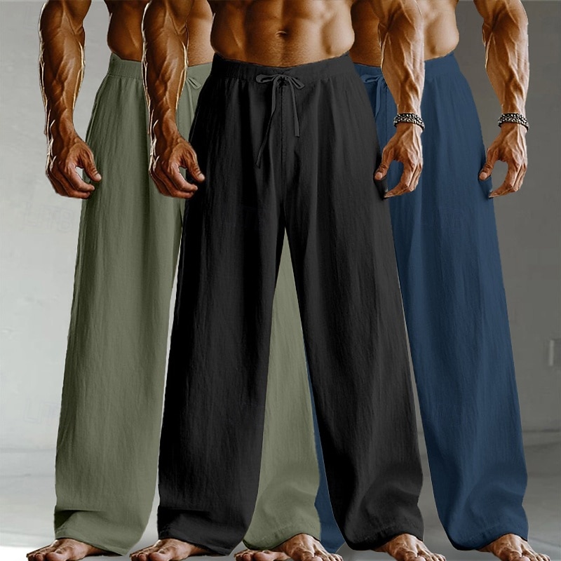 Men's Linen Pants Trousers Summer Pants Baggy Pants Drawstring Elastic Waist Straight Leg Plain Comfort Breathable Full Length Home Yoga Holiday Fashion Streetwear Black+White+Navy Blue 2026 - $37.99 –P11