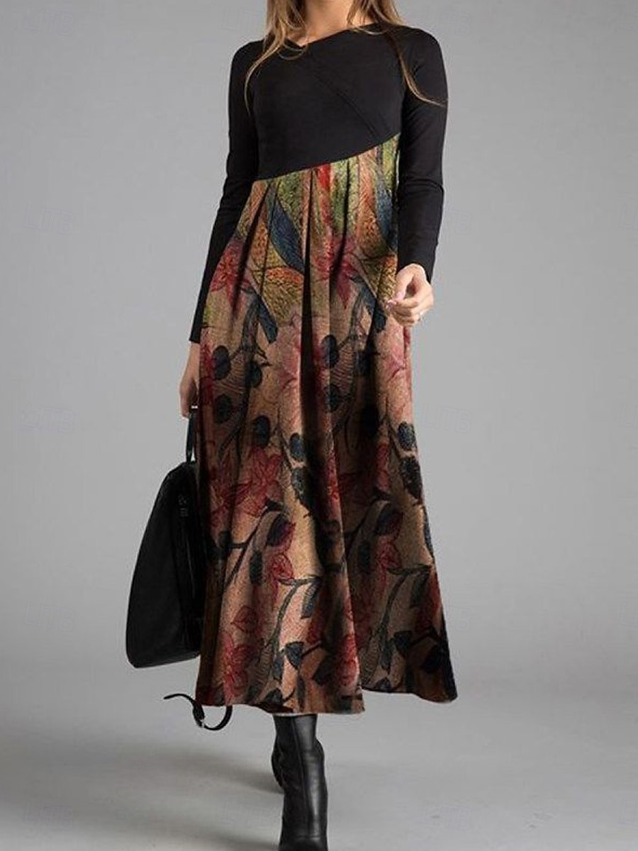 Damen Midikleid A Linie Kleid Lässig Täglich Normale Passform Grafik Geometrisch Farbblock Langarm V Ausschnitt Dunkelbraun Gelb Blau Braun Frühling Herbst Winter 2025 - $34.99 –P3