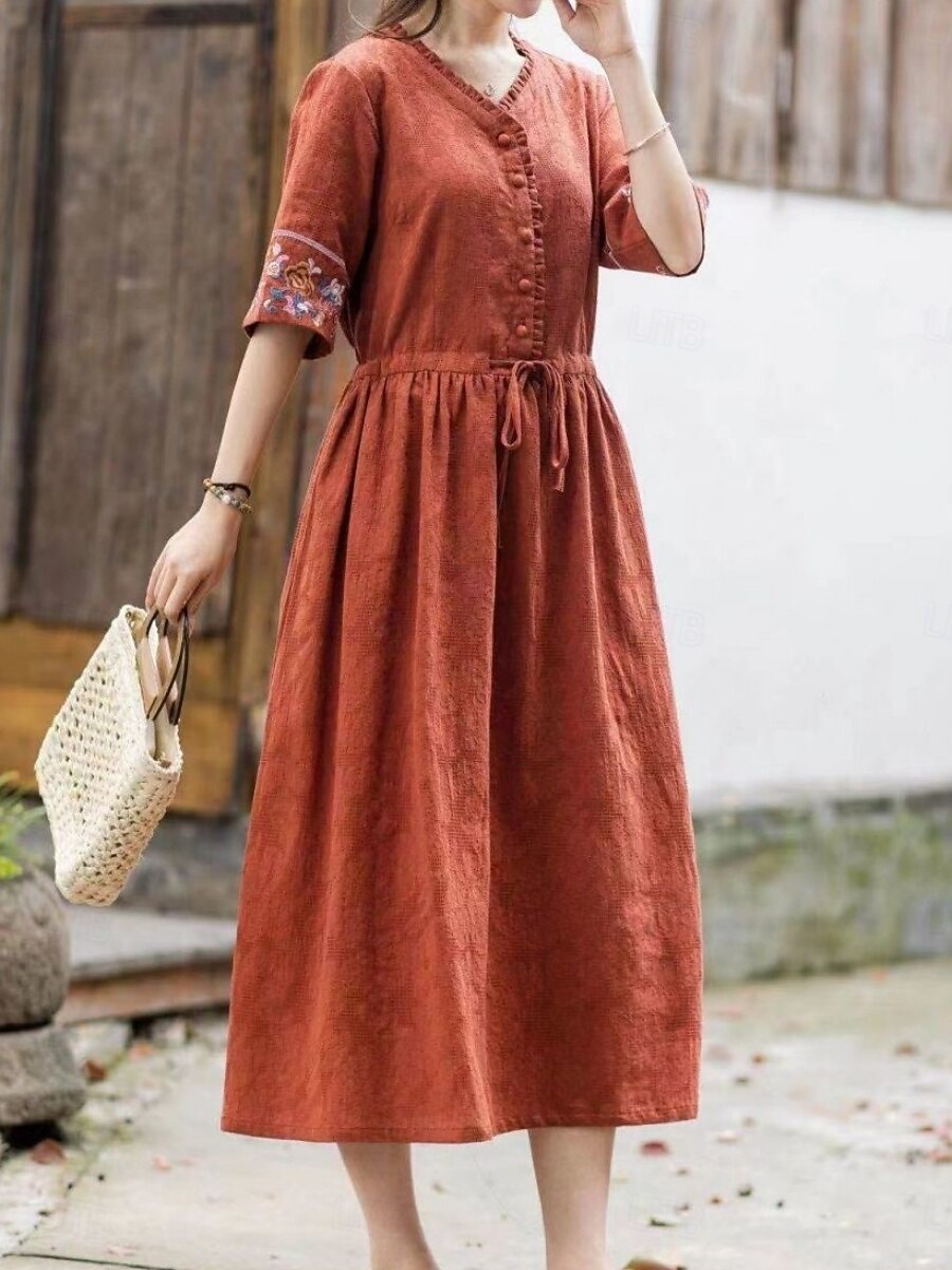 Damen Midikleid Kunstbaumwollleinen A Linie Kleid Lässig Täglich Lässiger Schnitt Blumen Dreiviertelarm V Ausschnitt Blau Weiß Orange Sommer 2026 - $41.99 –P1