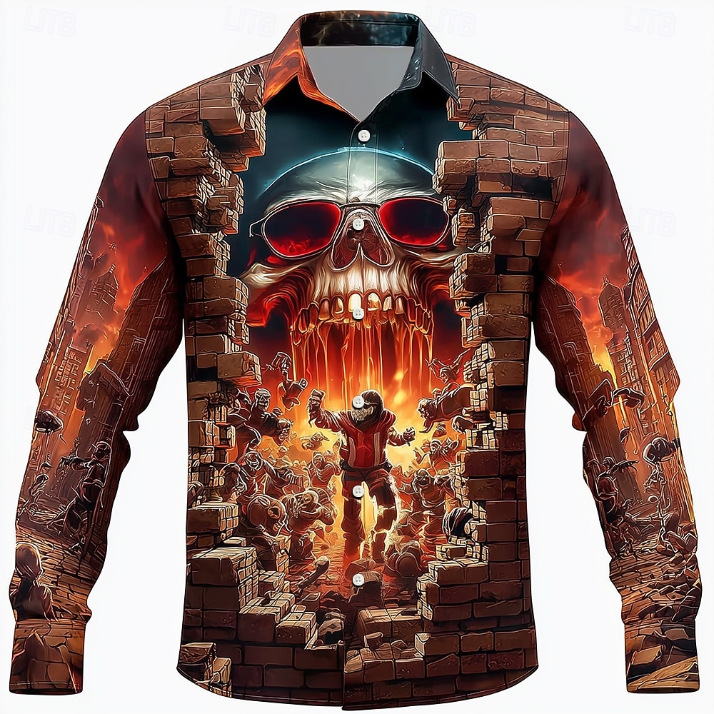 Halloween Men's Skull Breaking Through Brick Walls Shirt Button Up Shirt Long Sleeve Dark Punk Gothic Style Outdoor Holiday Summer Spring Turndown 3D Print Collared Shirts Brown 2025 - $25.99 –P1