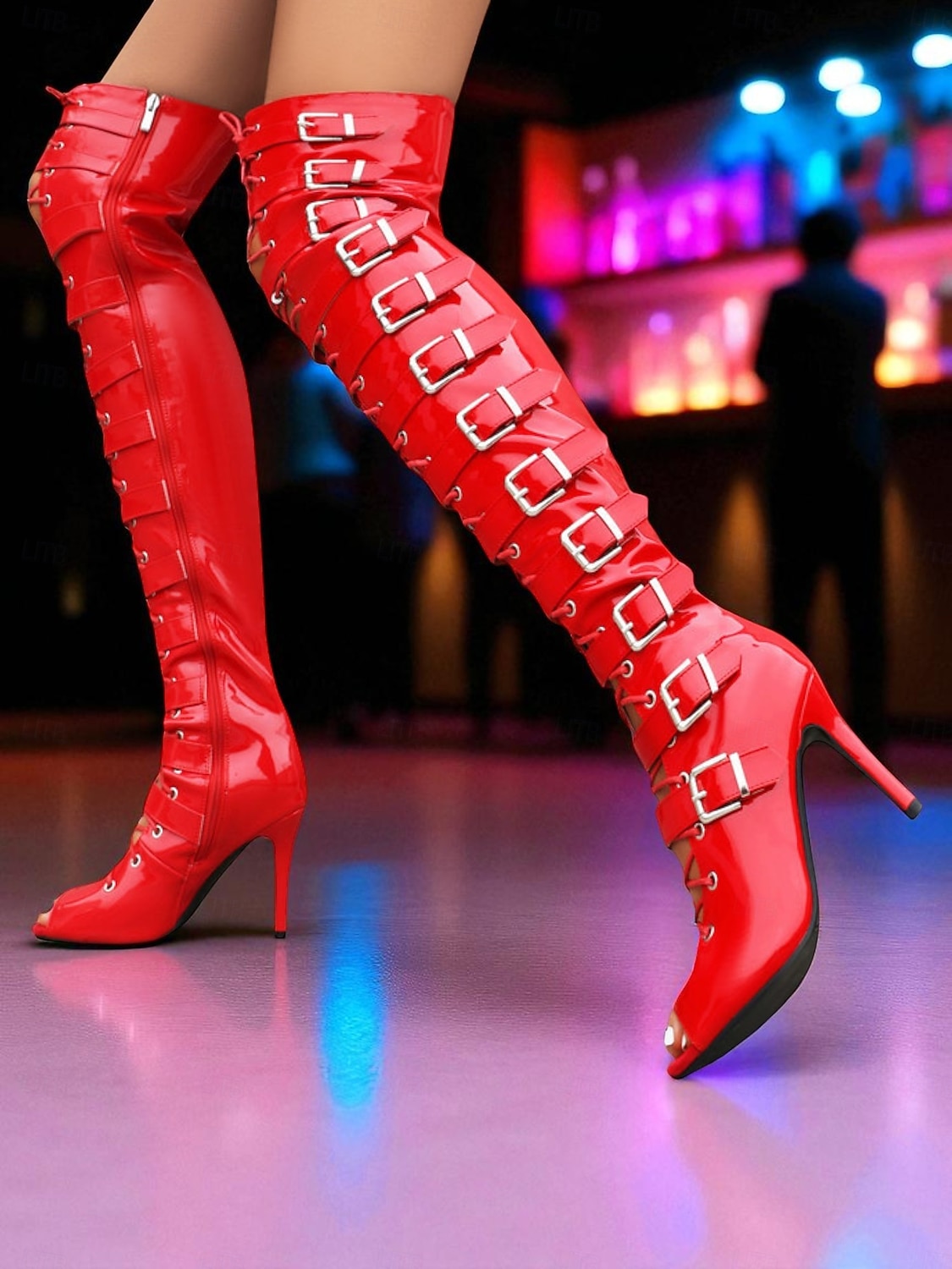 Botas femininas brancas com fivela alta na coxa - botas de festa sexy com salto agulha e peep toe para mulheres, calçados da moda gótico punk para boates, apresentações de palco e festivais de 2025 por $94.99 –P2