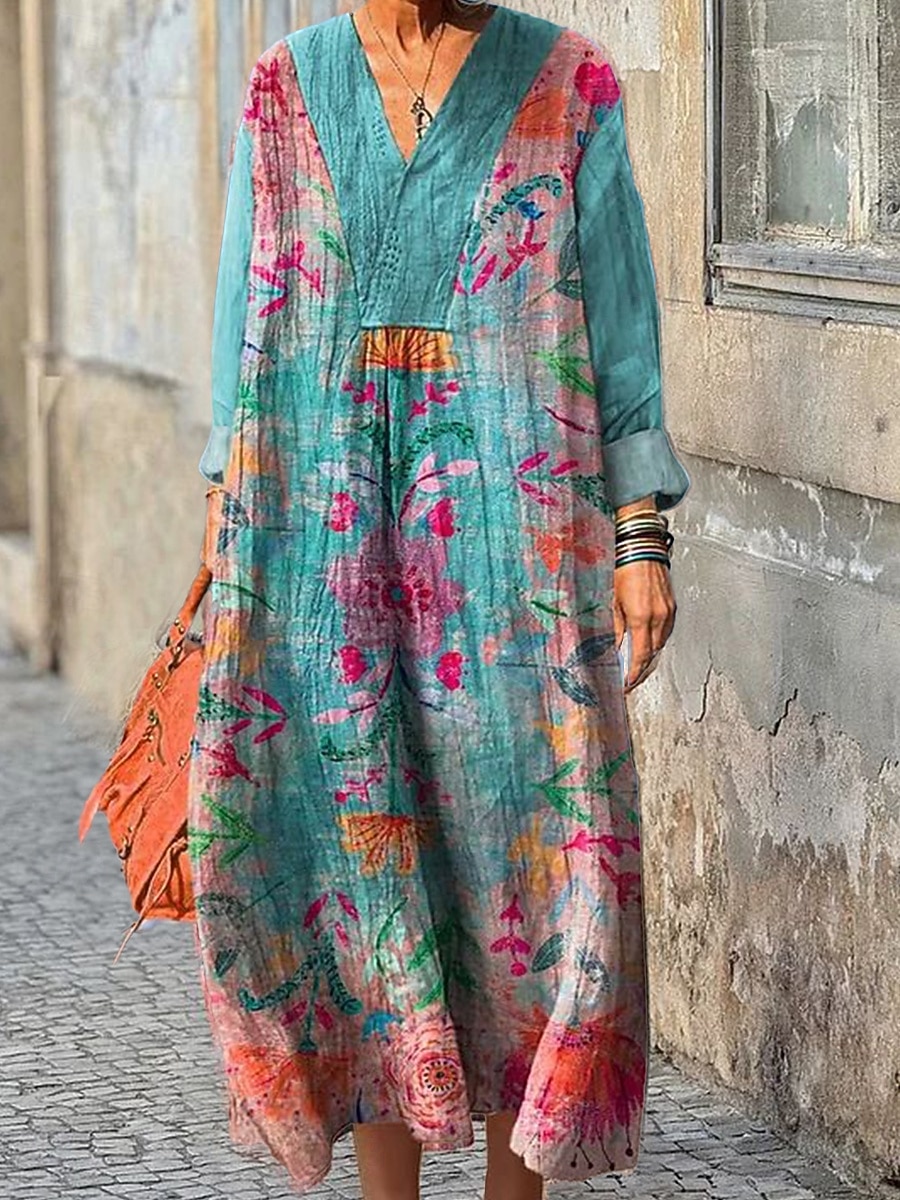 Dames Maxi-jurk Zonnejurk A lijn jurk Vakantie Casual Boho Feestdagen Ruim Passend Grafisch Geometrisch Lange mouw V-hals Donker Bruin blauw Paars Bruin Zomer Lente Herfst 2025 - $35.99 –P1