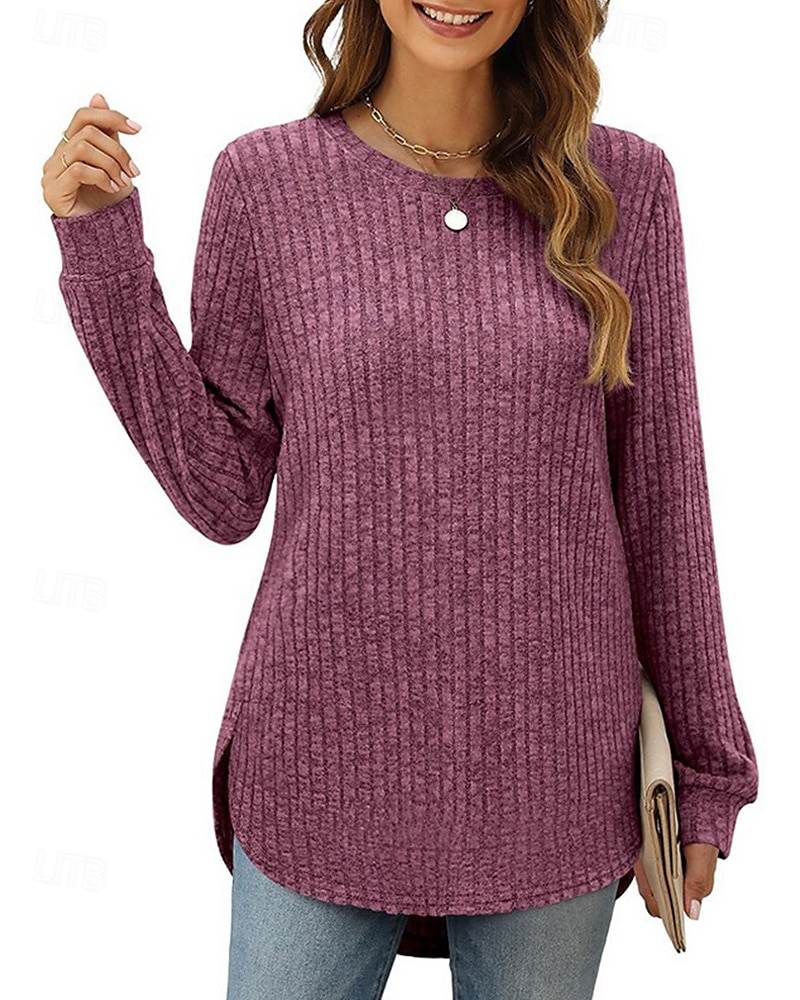 Damen Textur Bluse T Shirt T-Shirt Einfach Mode Modern Langarm Rundhalsausschnitt Normale Oberteile Täglich Ausgehen Asymmetrisch Schwarz Wein Fuchsie Braun Grün Frühling Herbst 2025 - $21.99 –P17