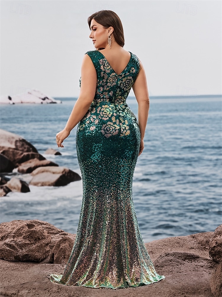 Meerjungfrau/Trompete Abendkleid, elegantes Kleid, formelle Abendparty, bodenlang, ärmellos, V-Ausschnitt, Herbst, Hochzeitsgast, Pailletten, V-Rücken mit Glitzerpailletten 2025 - $159.99 –P6
