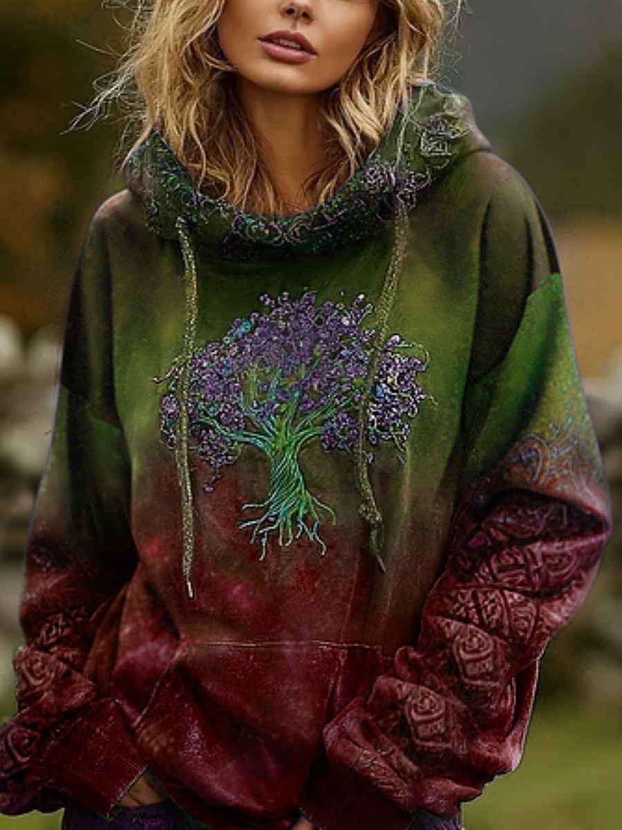 Dámské mikiny s kapucí s potiskem Vintage Denní ležérní Dlouhý rukáv Výstřih do V Regular Tops Tričko Kmenový Strom života Vintage Designer Dovolená Pouliční oblečení Jdeme ven Denní Svátek Potisk Víno Červená Tmavě Zelená Podzim Zima 2025 - $10.99 –P5