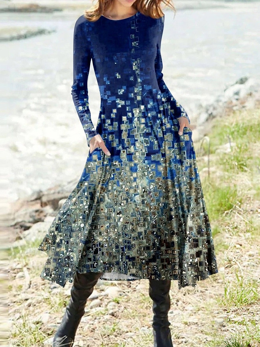 Damen Midikleid A Linie Kleid Figurbetontes Kleid Urlaub Lässig Täglich Ausgehen Normale Passform Ombre Grafik Geometrisch Langarm Rundhalsausschnitt Weiß Rosa Blau Grau Frühling Herbst Winter 2025 - $36.99 –P1