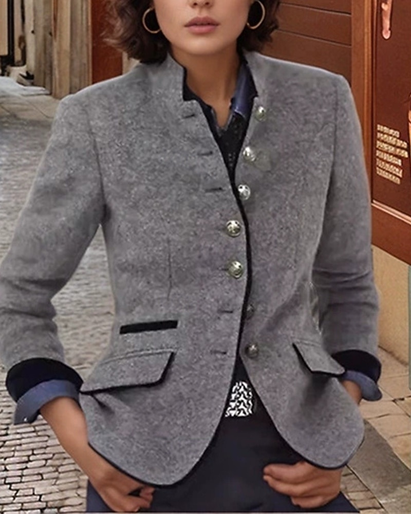 Dame Trenchcoat Hold Varm Bekvem Lomme Knapper Mote Utendørs عادي Ut på byen Helg Enkeltkneppet Normal Høy krage Normal Langermet Yttertøy kaffe Grå Høst Vinter 2025 - $44.99 –P4