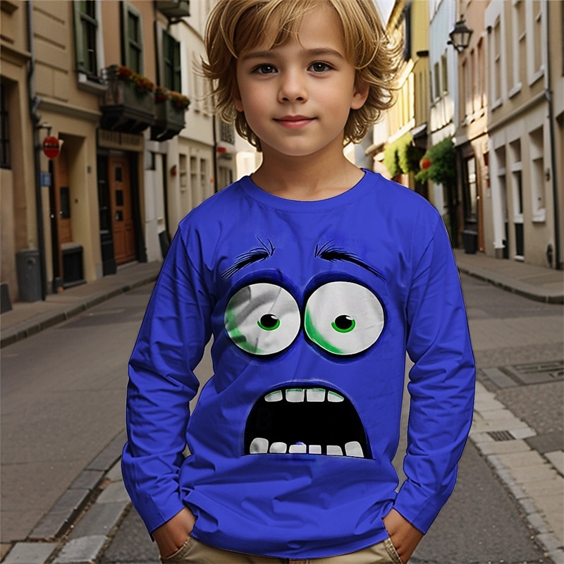 Pojkar tecknat roligt leende ansikte t-shirt långärmad 3D-tryck höst vintermode grundläggande barn 4-12 år rund hals utomhus casual daglig normal passform 2025 - $13.99 –P4