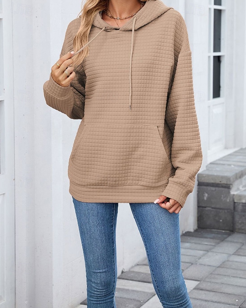 Damen Textur Bluse Kapuzenpullover Tasche Einfach Streetwear Lässig Langarm Mit Kapuze Normale Oberteile Straße Ferien Ausgehen Schwarz Rosa Braun Khaki Grau Herbst 2026 - $25.99 –P10