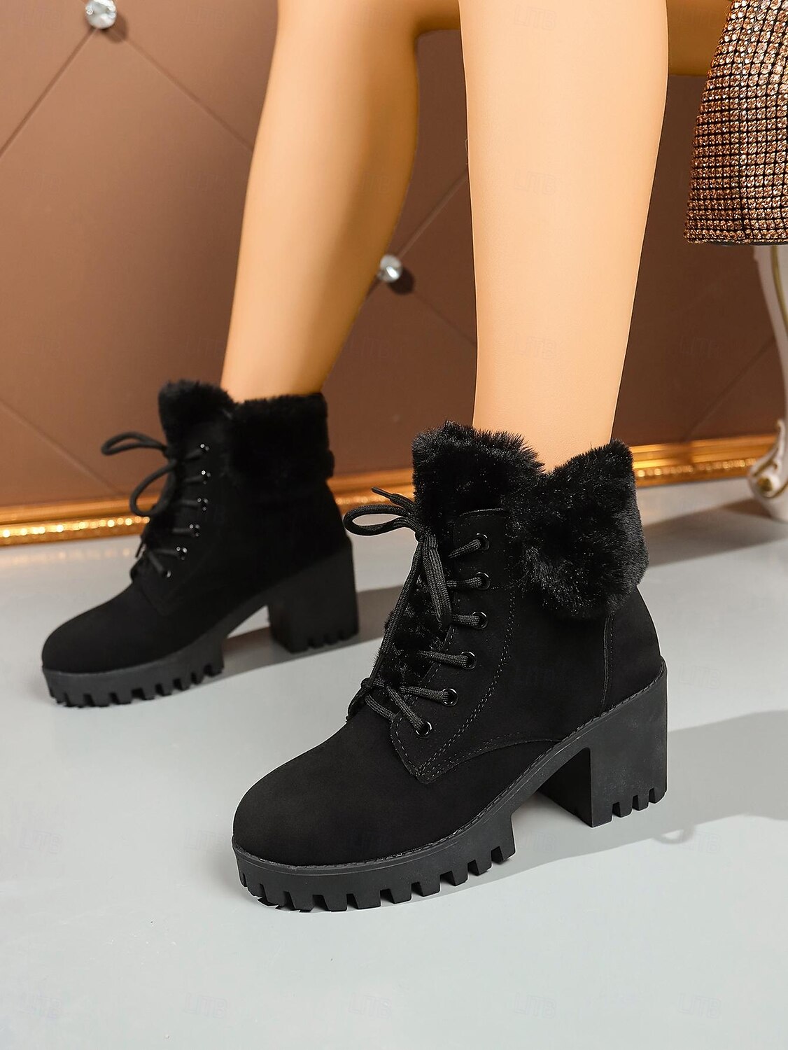 Botas femininas pretas de cano curto com cadarço e forro de pele – botas de inverno com salto grosso e sola de borracha para clima frio, uso casual e ao ar livre de 2025 por $34.99 –P7