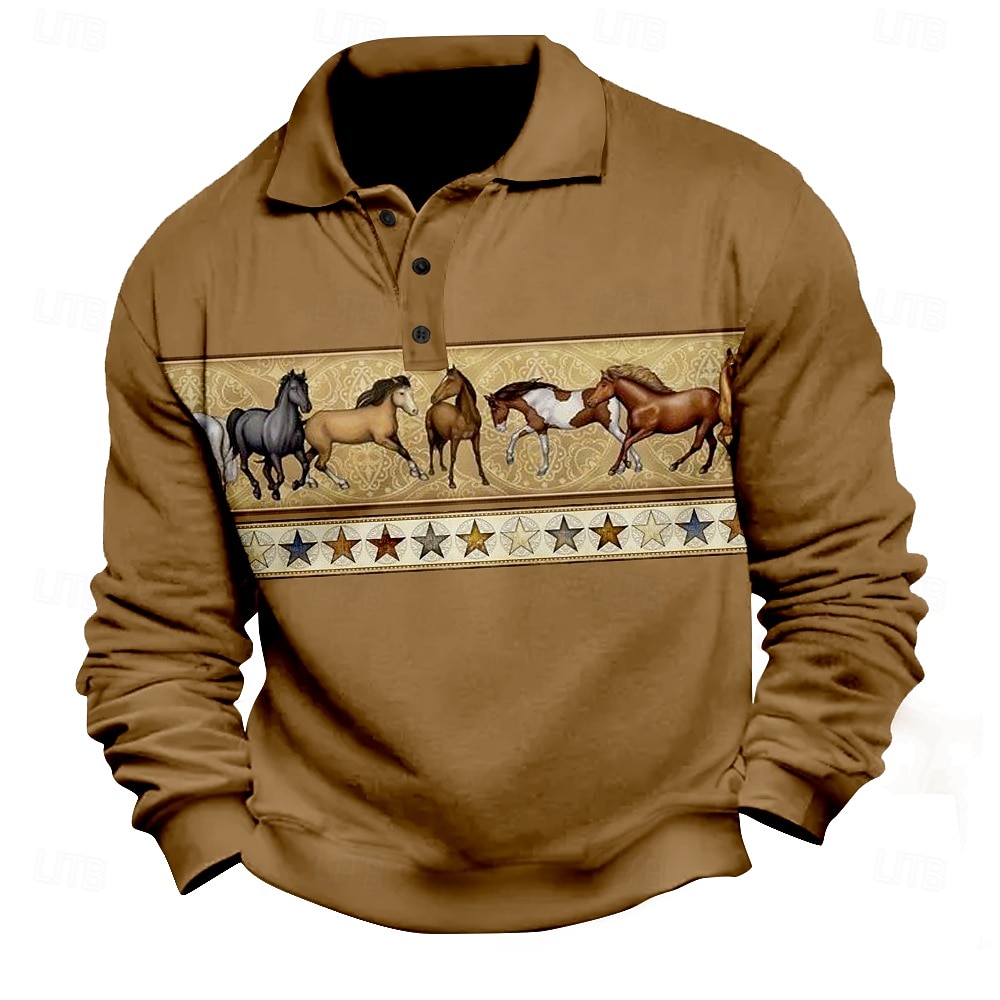 Homens Gráfico Cavalo Pólo Manga Longa Camisas polo Camisas de colarinho Casual Estilo Nacional Roupa Esportiva Roupa Diária Impressão 3D Primavera Outono Inverno Castanho Escuro de 2026 por $25.99 –P1