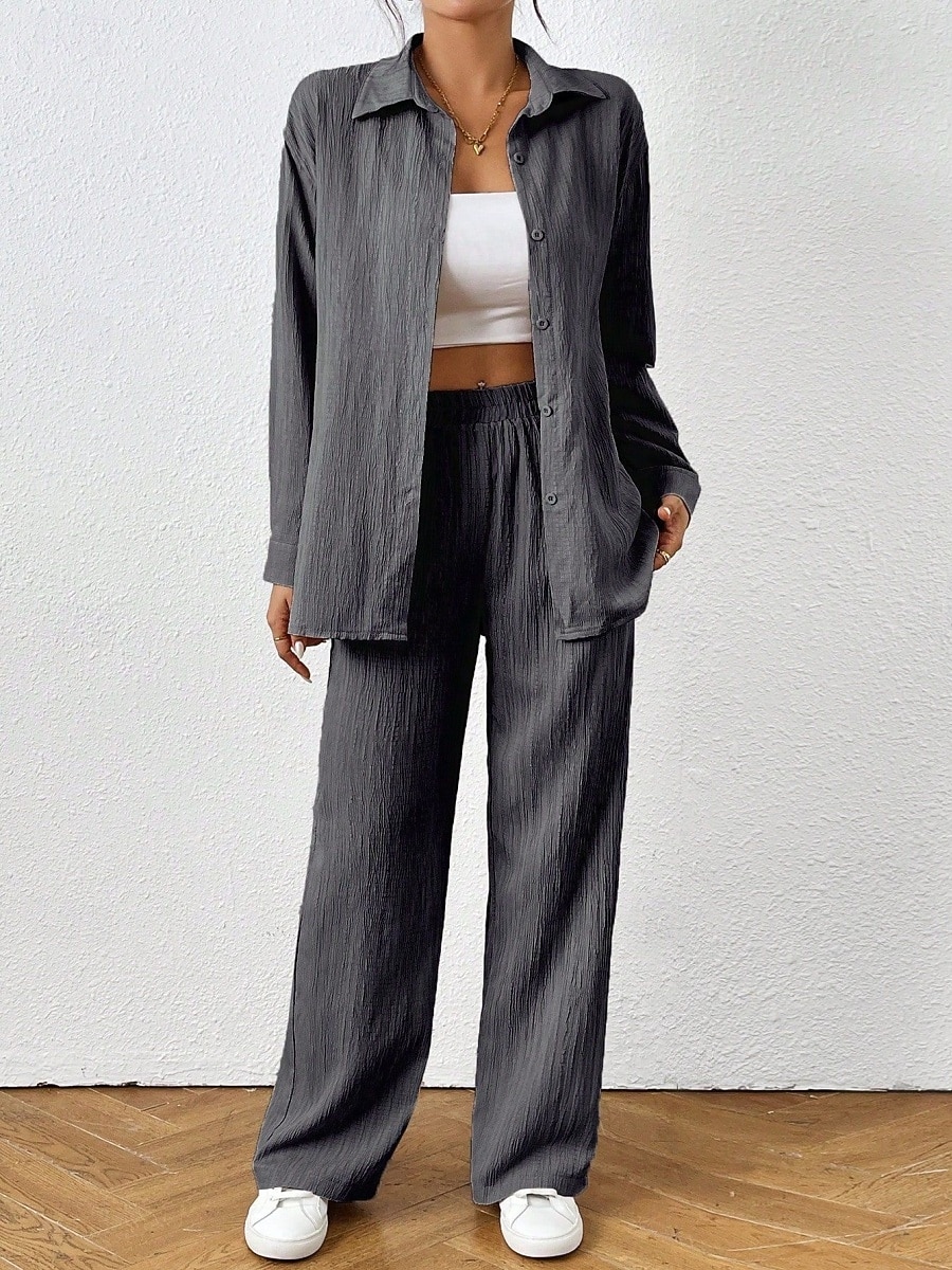 Femmes Mode Streetwear Ensembles de Pantalons manche longue Col de chemise Couleur Unie Tenue quotidienne Date Noir Beige Gris Printemps Coupe régulière de 2025 ? $37.99 –P5
